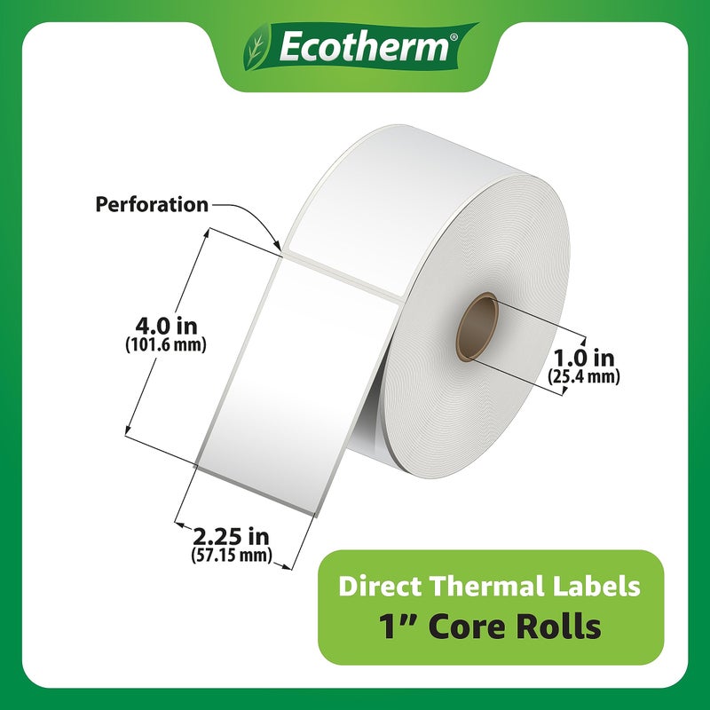 Ecotherm ملصقات حرارية مقاس 2.25 بوصة × 4 بوصة | 6 رول | 4200 ملصق | تناسب طابعات Zebra وMunbyn وRolo وGodex وArkscan وiDPRT وOffnova والمزيد | ملصقات لاصقة بيضاء فارغة من إيكوثيرم - Image 3
